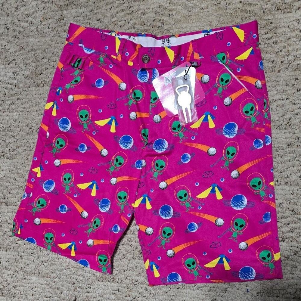 Royal and Awesome Mens Golf Shorts Life on Pars Pink Alien Shorts + Tool Size 40